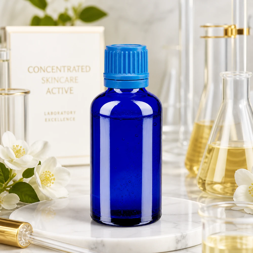 50 ml flaske 11 mm SV blå OV BlueLine UT18/50 50 ml glasflaske af høj kvalitet i lyseblå med riflet skruelåg
