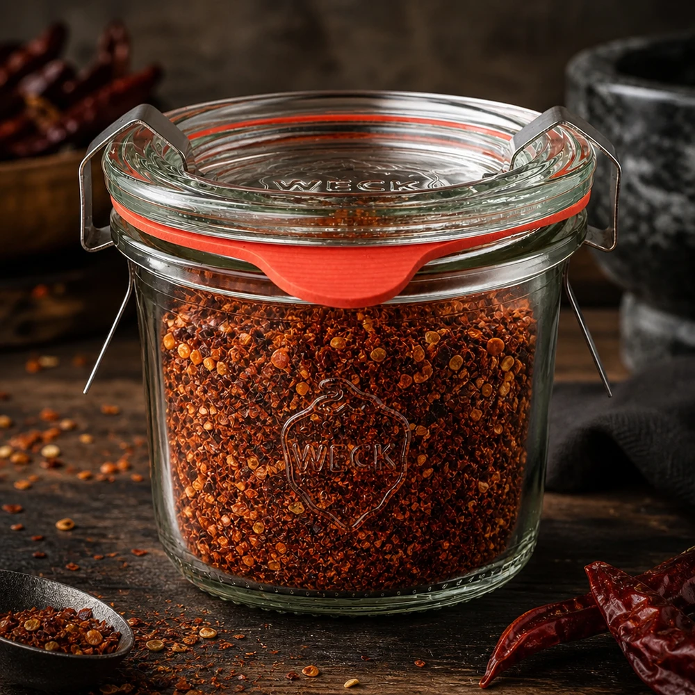 WECK-glas med en kapacitet på 80 ml, fyldt med finhakket chili, ved siden af tørrede røde chilifrugter