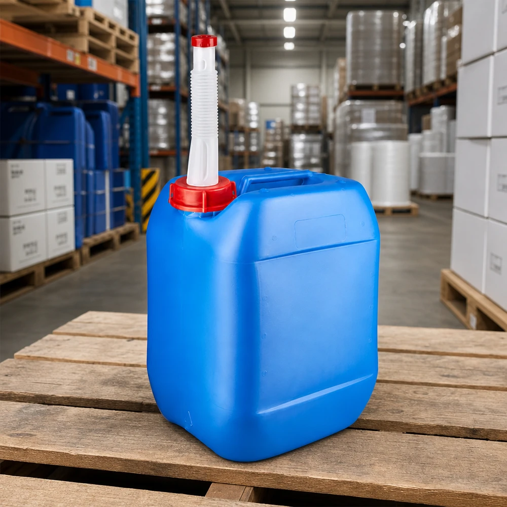 10 liters blå dunk med fleksibelt udløbsrør Stabelbar 10-liters dunk, blå med rødt låg og fleksibelt udløbsrør, på lager