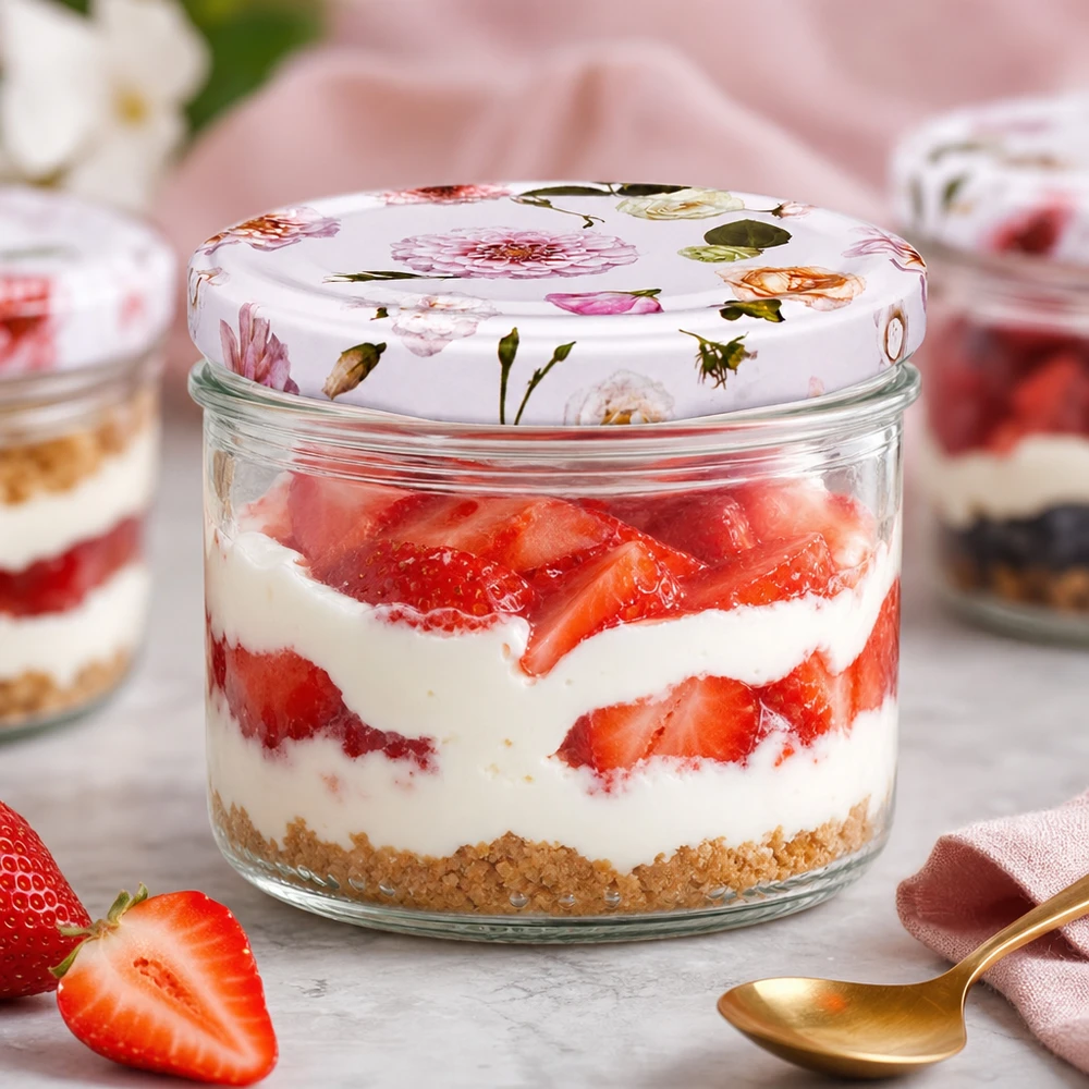 230 ml cylinderglas + BasicSeal låg Blume rosa Jordbærdessert i 230 ml cylinderglas med BasicSeal-låg Flower pink - lagdelt dessert med friske jordbær