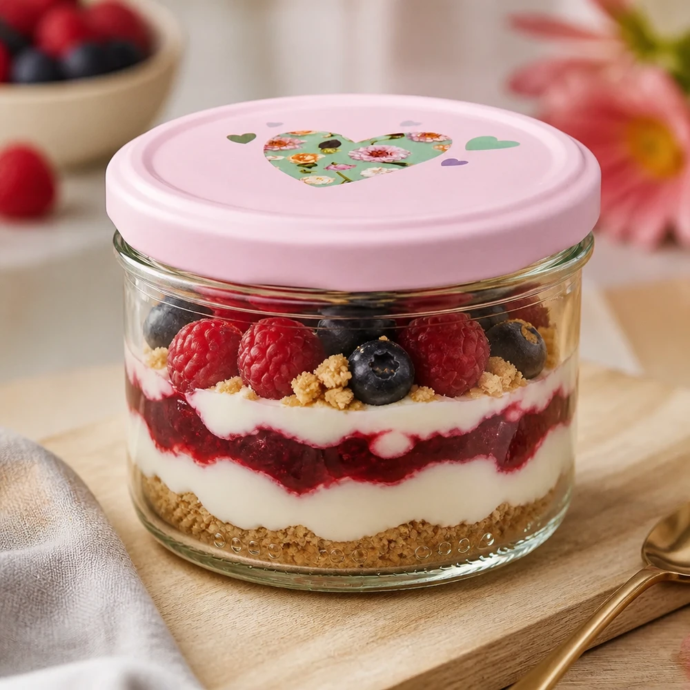 230 ml cylinderformet krukke + BasicSeal-låg, hjerterosa 230 ml syltetøjsglas fyldt med bærlagdelt dessert, pink hjerteformet låg, praktisk til tilberedning af måltider og desserter