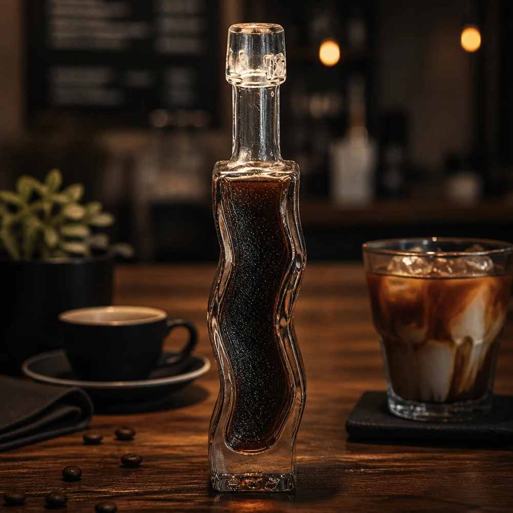 40 ml glasflaske Fila uden hængelåg UNiTWIST® 40 ml glasflaske Anna fyldt med mørk kaffesirup Caféstemning Træbord Anvendelseseksempel Baristatilbehør