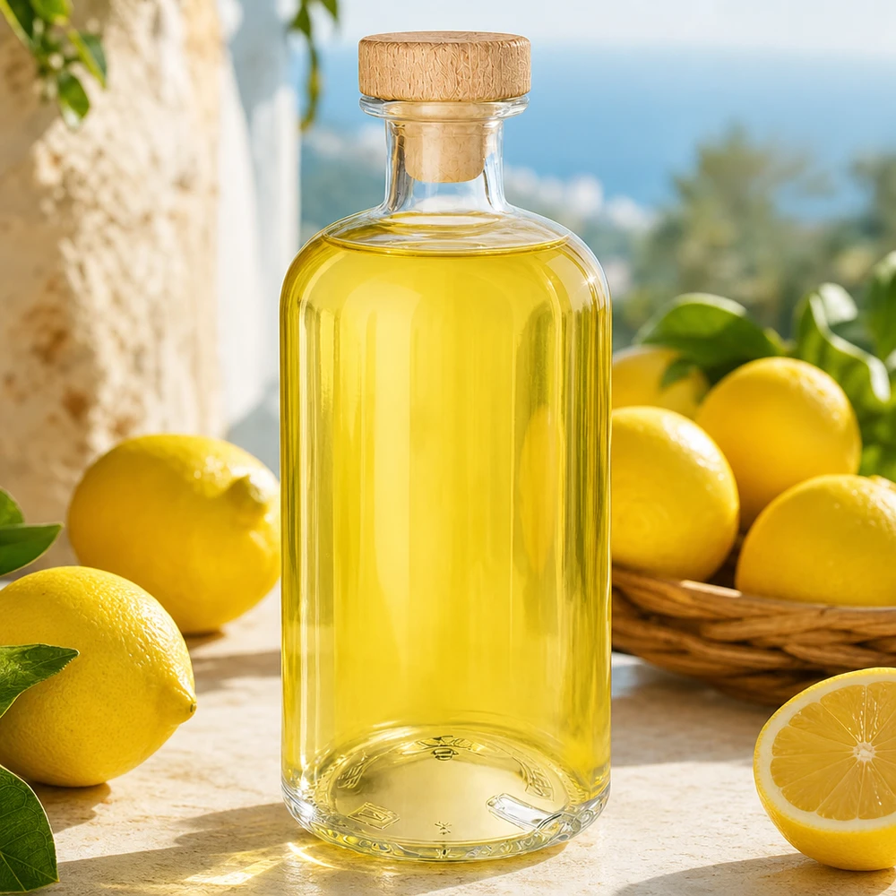 500 ml Apoteksflaske »Flora« med træhåndtag og prop UNiTWIST® Flora 500 ml glasflaske med træprop fyldt med gul væske mellem friske citroner på træbord
