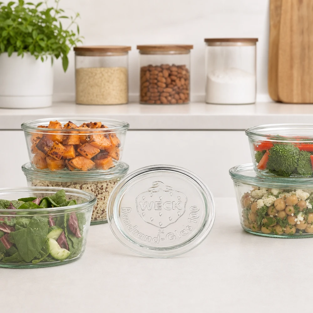 WECK glaslåg RR100 WECK glaslåg RR100 til meal prep-skåle med tilberedte salater og grøntsager i moderne køkkener