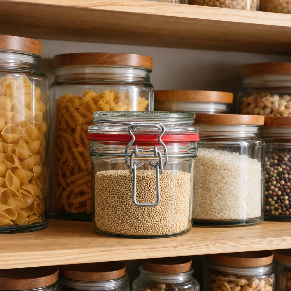 255 ml opbevaringsglas, type G, med bøjlelåg UN.. Vorratsgläser 255ml in organisierter Küchenpantry mit Nudeln, Reis und Gewürzen - praktische Küchenorganisation
