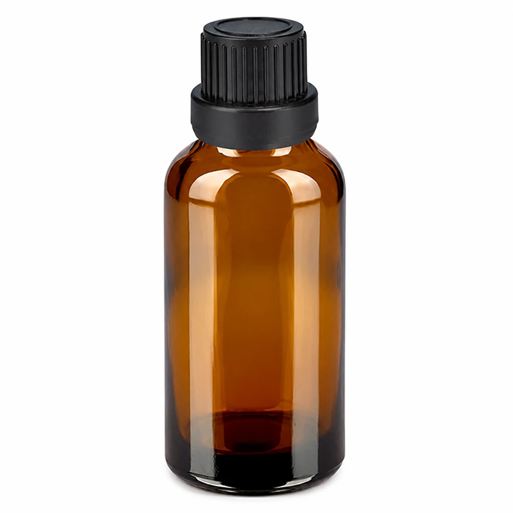 30 ml flaske 11 mm SV sort OV BrownLine UT18/30 30 ml ravfarvet glasflaske med sort skruelåg til æteriske olier og kosmetik