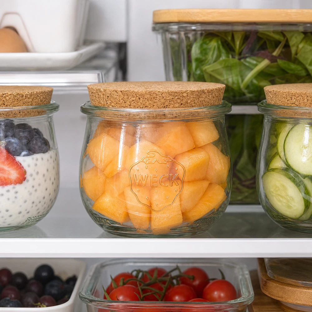 370 ml tulipankrukke WECK RR80 med kork natur WECK Tulpenglas 370ml RR80 mit Naturkorken im Kühlschrank zur Aufbewahrung von Cantaloupe Melone und Gemüse