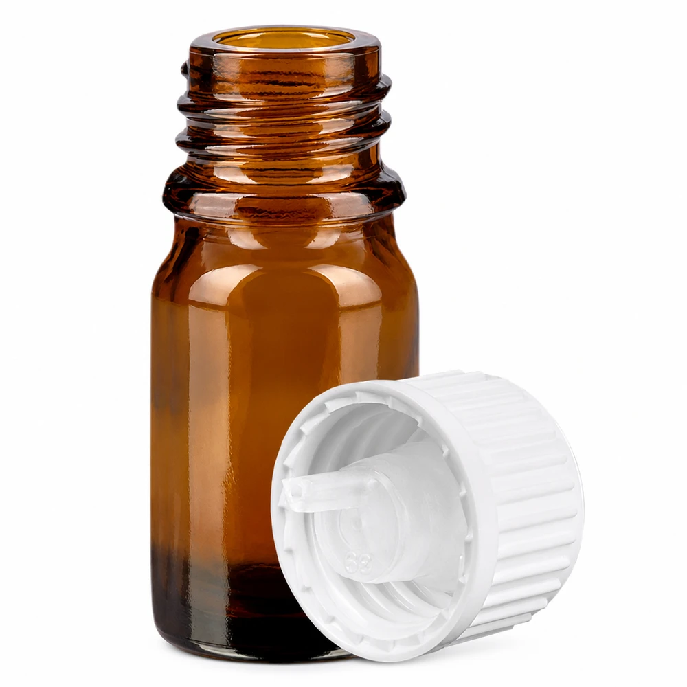 5 ml Dropperflaske 0,9 mm hvid STD BrownLine UT18/5 5 ml dråbeflaske af ravfarvet glas med 0,9 mm dråbeåbning og hvid hætte til præcis påføring