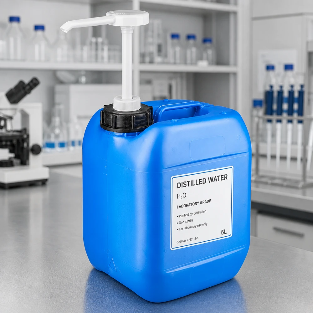 5 liters blå dunk med doseringspumpe 5 liters laboratoriekanister, blå, med doseringspumpe og påskriften »Destilleret vand« i laboratoriet