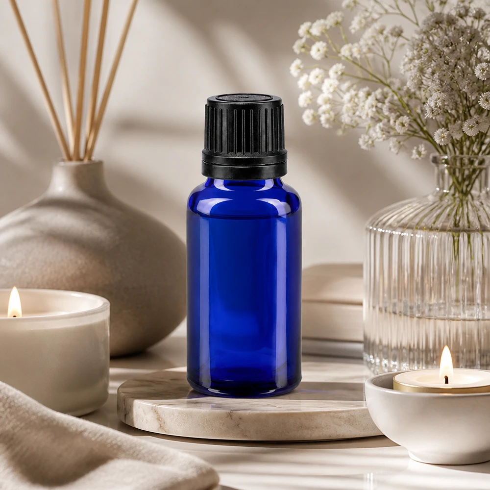 Apoteksflaske blå 20 ml skruelåg sort hældeprop r. OV 20 ml blå glasflaske med OV-lukning på en marmorfod i en afslappet wellness-atmosfære
