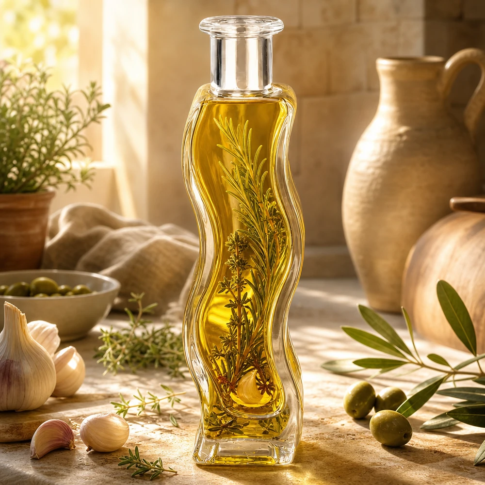 100 ml glasflaske »Melissa« uden lukning UNiTWIST® 100 ml Melissa-glasflaske fyldt med urteolie og rosmarinkviste i et middelhavskøkken med oliven og keramik