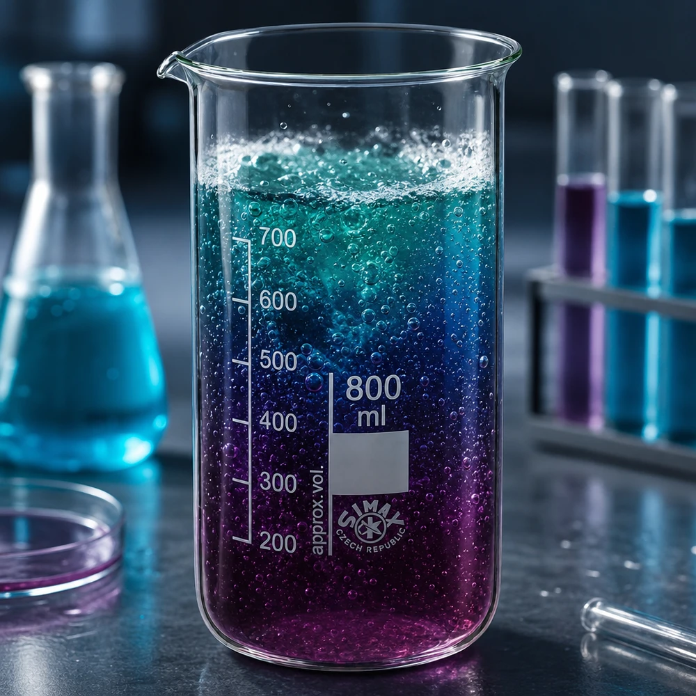 Bægerglas 800 ml borosilikatglas, høj form Becherglas på 800 ml, høj model, med blå-lilla farveovergang i væsken og dannelse af bobler i laboratoriet