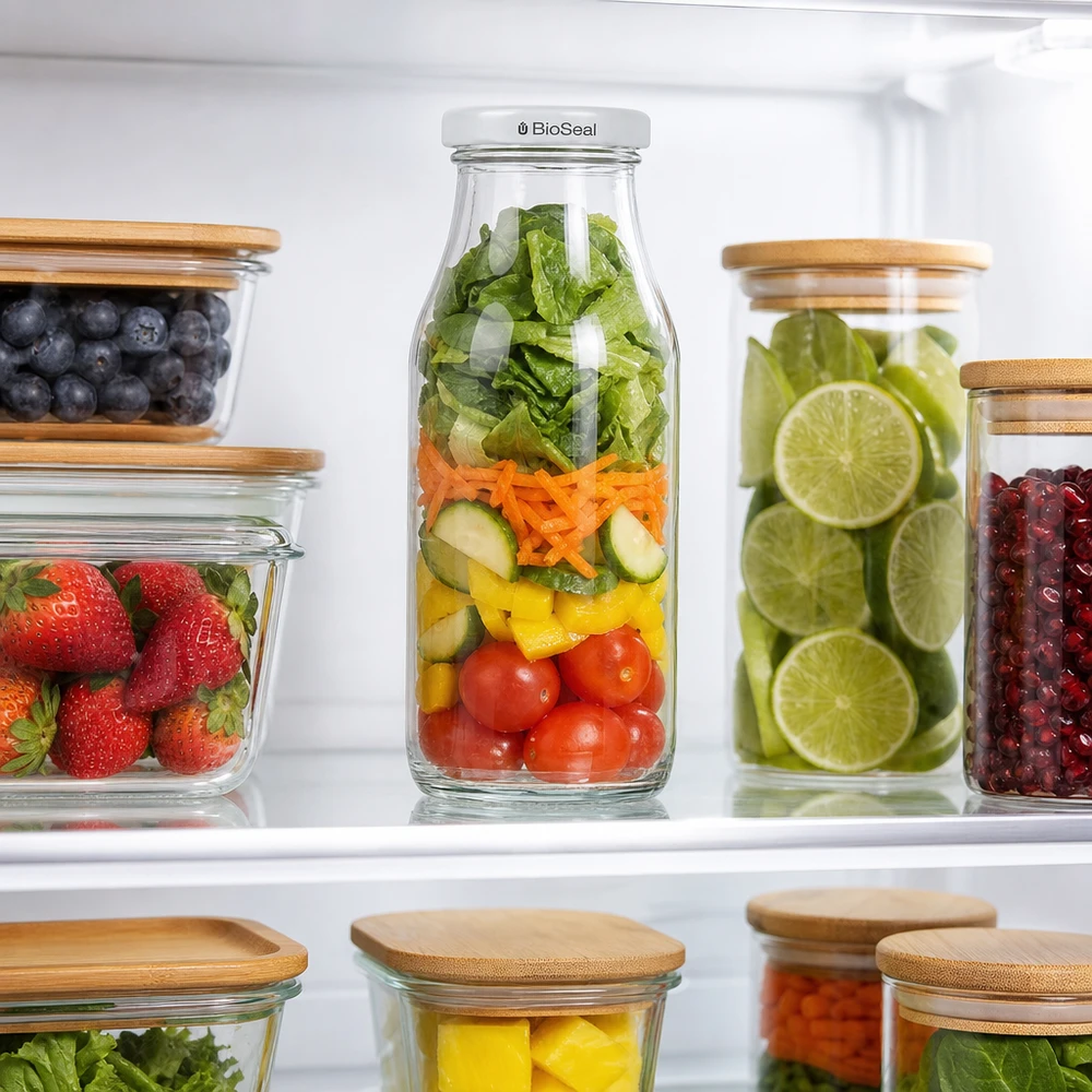 UNiTWIST Bottle263 med hvidt låg TO43 BioSeal UNiTWIST Bottle263 med BioSeal-låg fyldt med salat i køleskabet ved siden af andre opbevaringsbeholdere af glas
