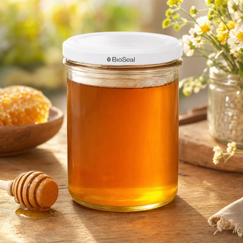 UNiTWIST Lintel350 med hvidt låg TO82 BioSeal UNiTWIST Sturz350 mit weißem TO82 BioSeal Deckel gefüllt mit Honig zeigt perfekte Eignung für Marmeladen und Aufstriche