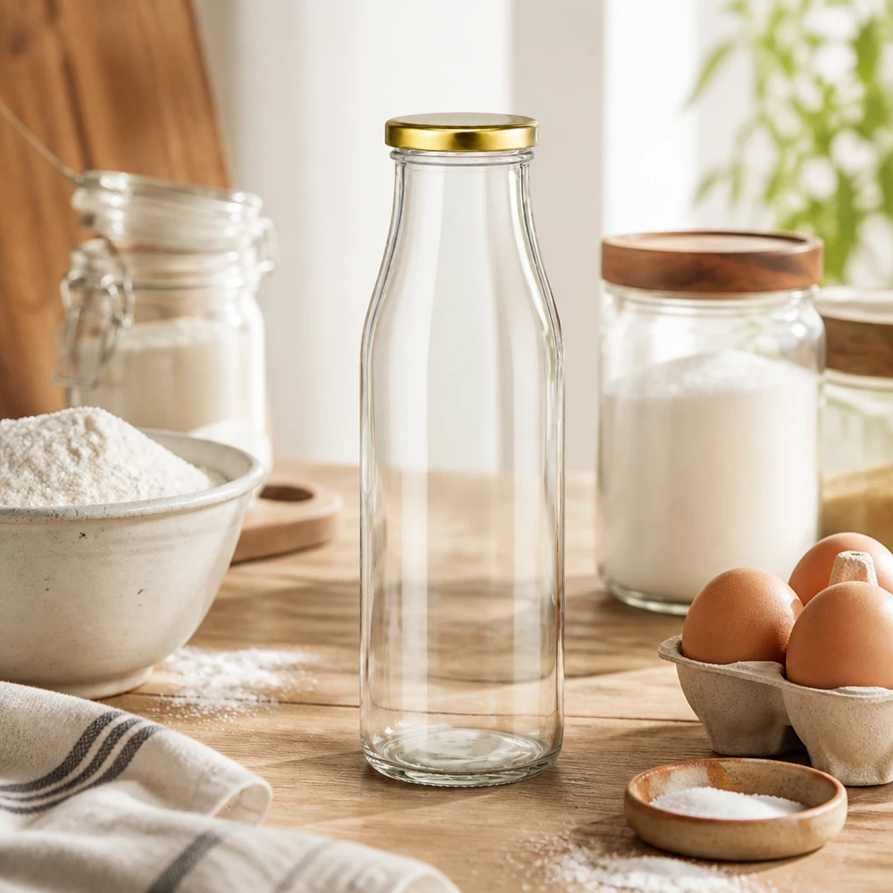 500 ml glasflaske + BasicSeal-låg guld UNiTWIST. Absolut lækagesikker med stort TO48-låg. Til mælk, juice og limonade. 500 ml glasflaske BasicSeal låg guld i bagekøkken med mel æg mælk glas på træbordplade køkkenredskaber