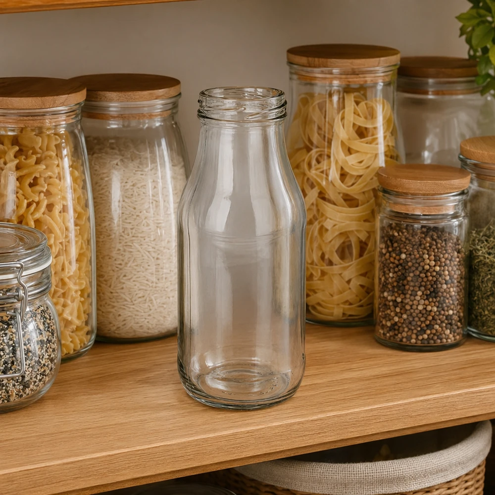 UNiTWIST Bottle263 - Flaske med kapacitet på 263 ml TO43 UNiTWIST Bottle263 Glasflaske 263ml TO43 tom transparent på træhylde ved siden af opbevaringsglas med pasta og krydderier
