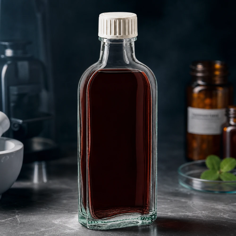 100 ml Meplat klart skruelåg med PE-skumindsats Meplat-glasflaske på 100 ml med PE-skumindlæg og mørkt væskeindhold i laboratoriemiljøet