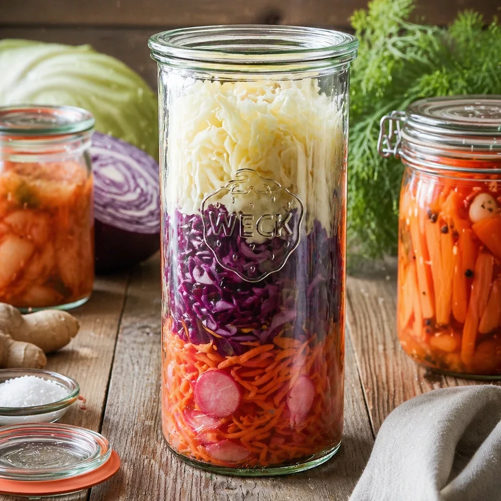 1500 ml Briller med glaslåg WECK RR100 WECK RR100 1500 ml murerbalje med fermenteret grøntsagssauerkraut på et træbord mellem friske ingredienser