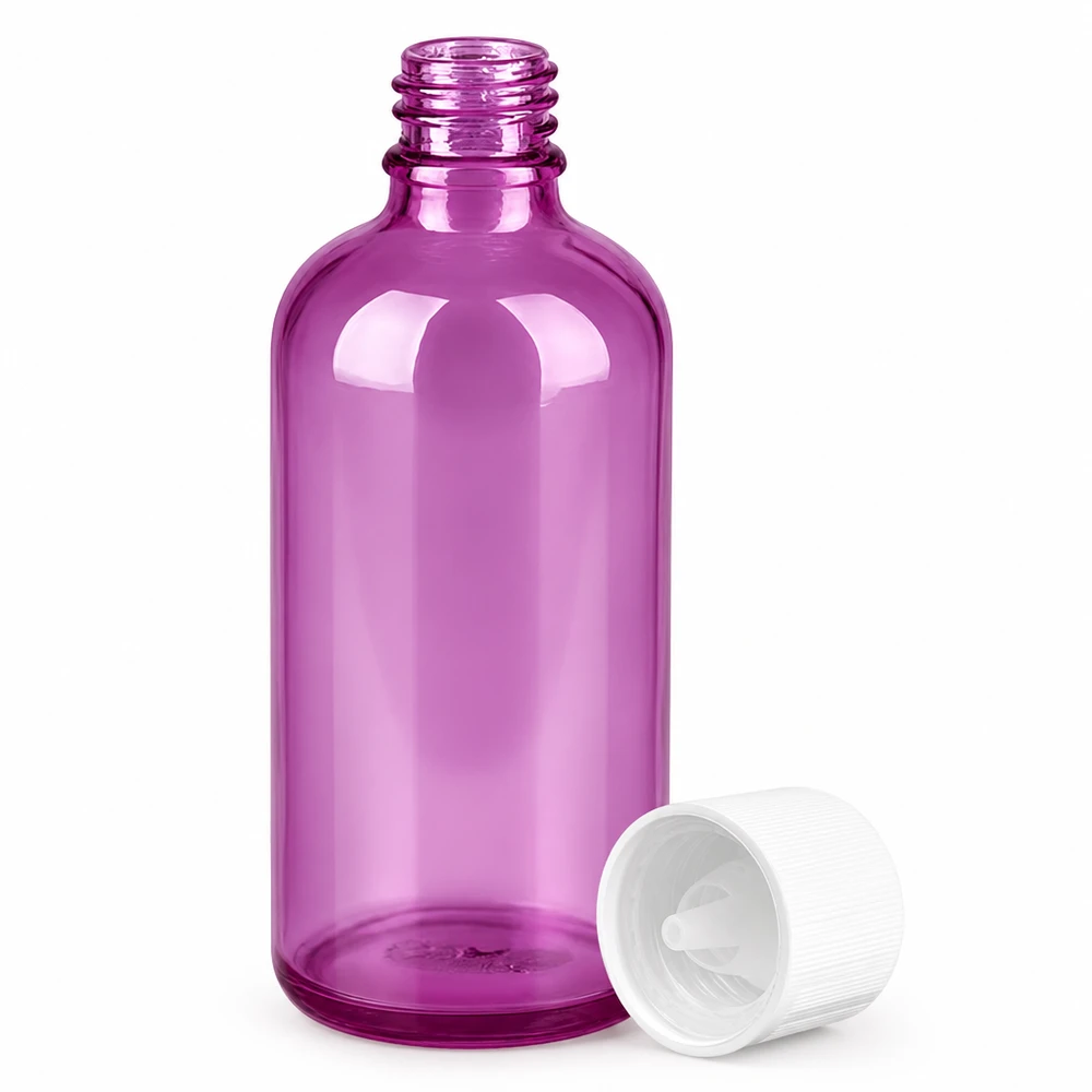 100 ml dråbeflaske 1,2 mm hvid standard børnesikret PurpleLine. UT18/100 100 ml glasdråbeflaske i lilla med 1,2 mm dråbeindsats til præcis dosering