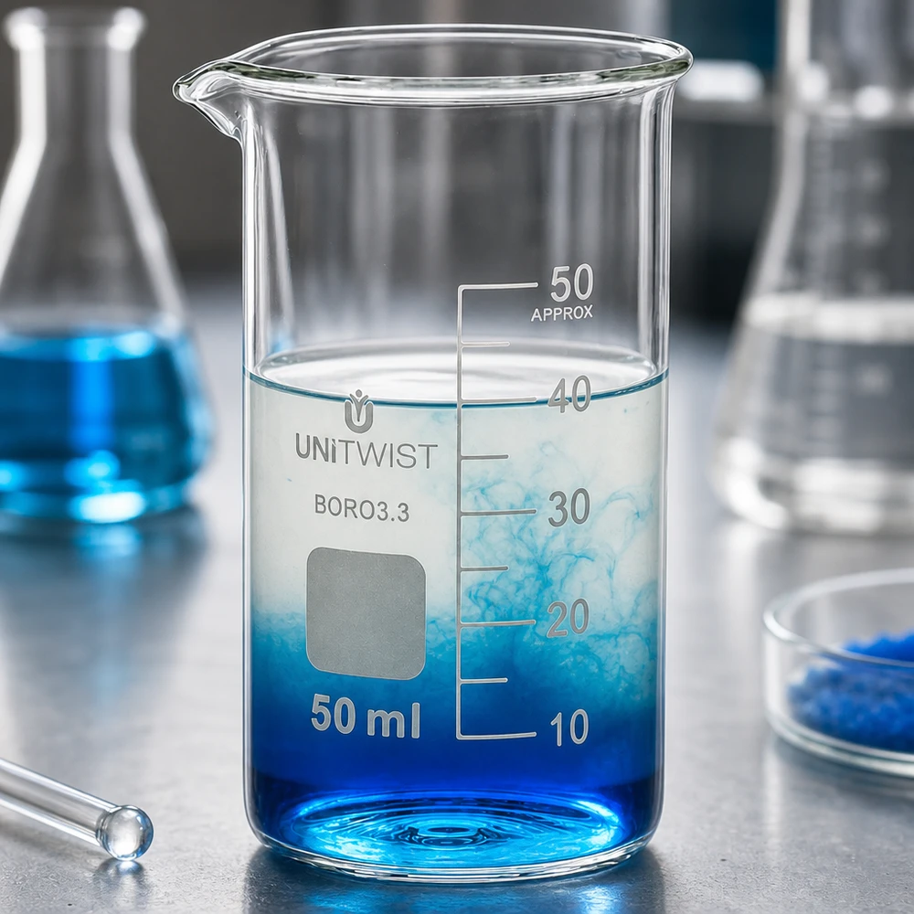 Graderet laboratoriebæger, 50 ml, høj form, borosilikat 3.3, med udløb, gennemsigtigt