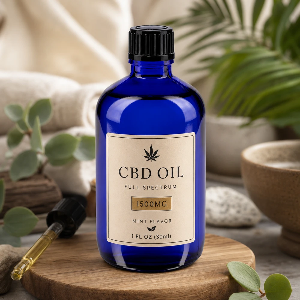 Apoteksflaske blå 100ml dryp v. 1mm sort pc Blå 100 ml glasflaske med dråbeindsats på 1 mm til CBD-olie og naturlægemidler på træunderlag