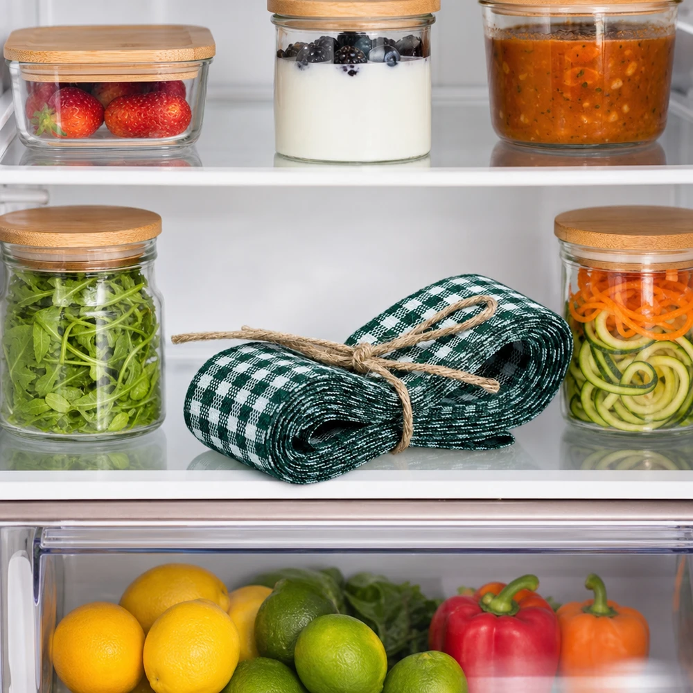 Stoffbånd i grøn/hvid til dekoration, 300 cm Grün-weißes Stoffband 300cm gerollt im Kühlschrank zwischen Vorratsgläsern und frischem Gemüse als Küchenorganisation