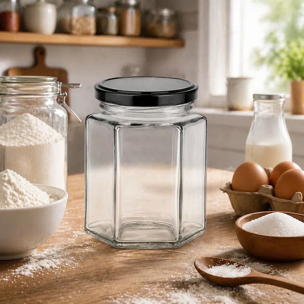 196 ml hexa-krukke med BasicSeal-låg sort UNiTWIST 196 ml sekskantet glas tomt på træbordplade med bageingredienser - viser køkkenintegration af sekskantet glas med sort