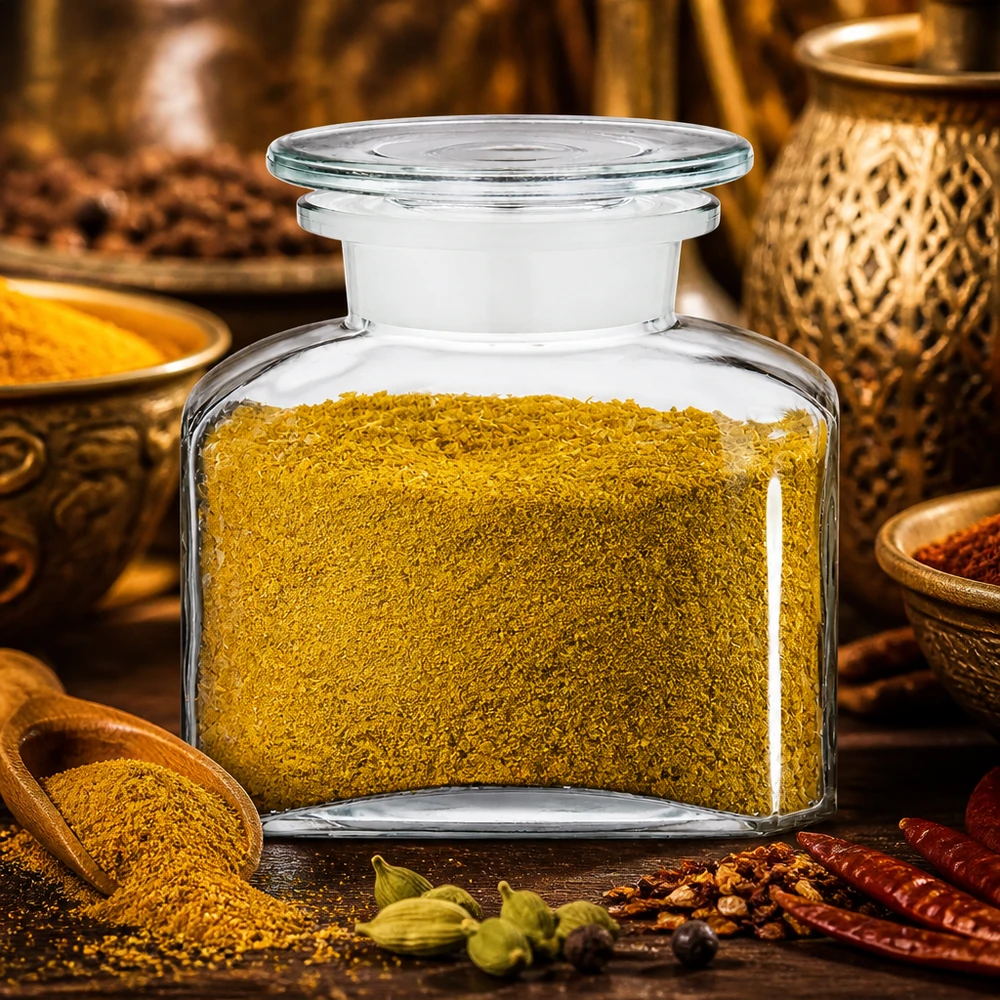 Idé til krydderiglas: Firkantet apotekerflaske 150 ml med bred hals Gennemsigtigt, firkantet krydderiglas på 150 ml med gult karrypulver blandt orientalske krydderier