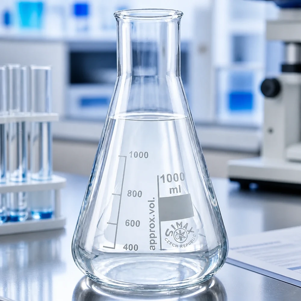 Erlenmeyer-kolbe 100 ml med bred hals Erlenmeyer-kolbe 100 ml med bred hals og graduering til præcise målinger i laboratoriet