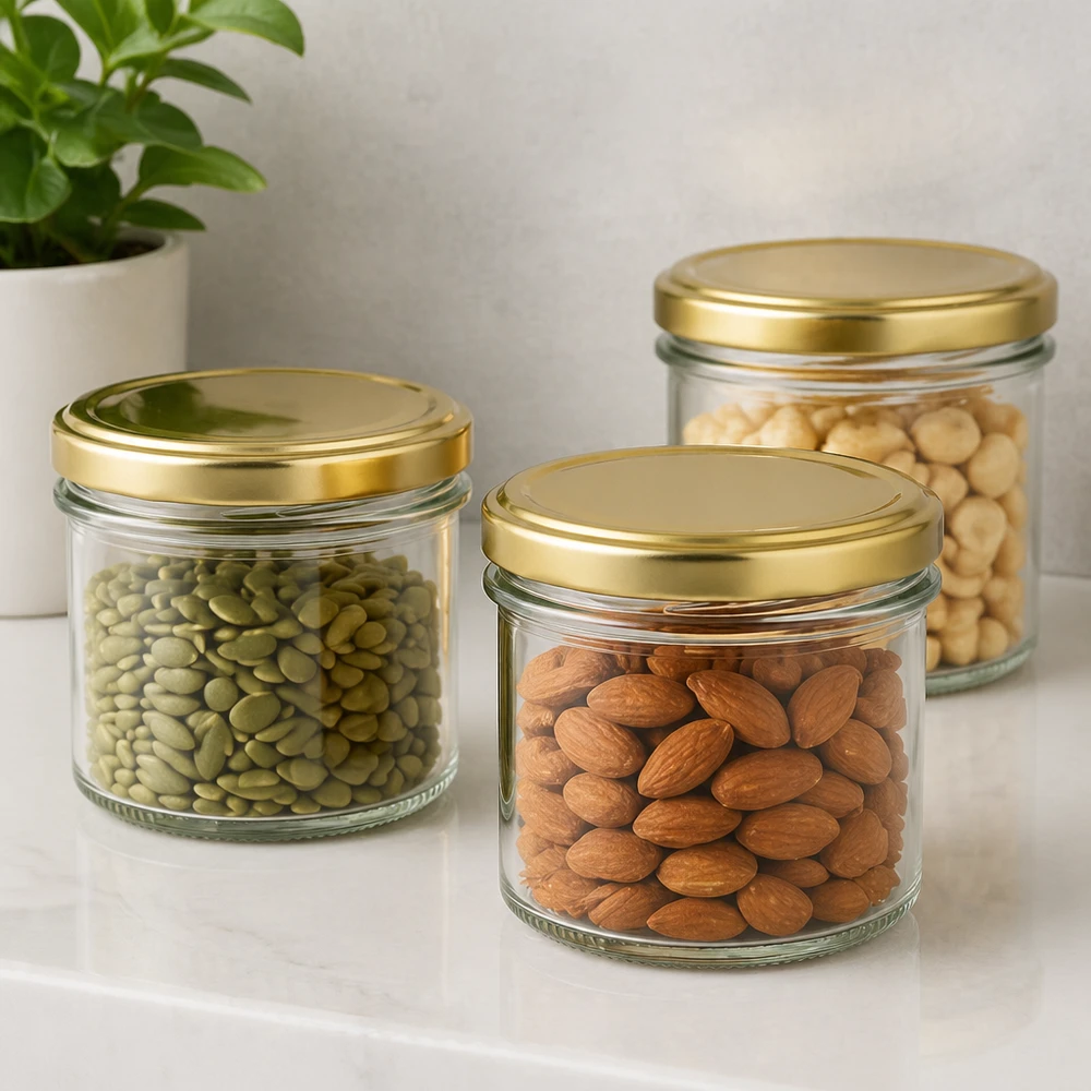 125 ml Briller med BasicSeal-låg guld UNiTWIST 125ml Sturzgläser mit BasicSeal Deckel gold für Nüsse und Trockenfrüchte - elegante Aufbewahrung in der Küche