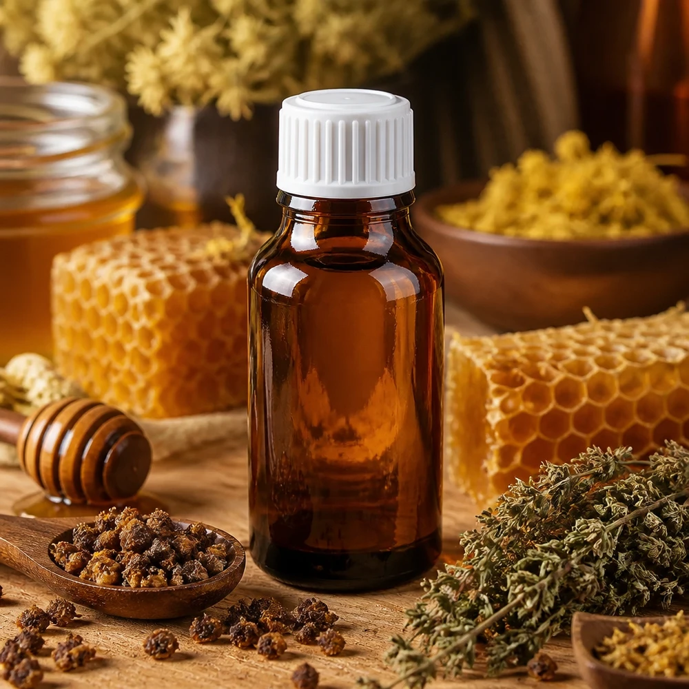 Brun glasflaske på 15 ml med hvid skruelåg mellem bikager og propolis