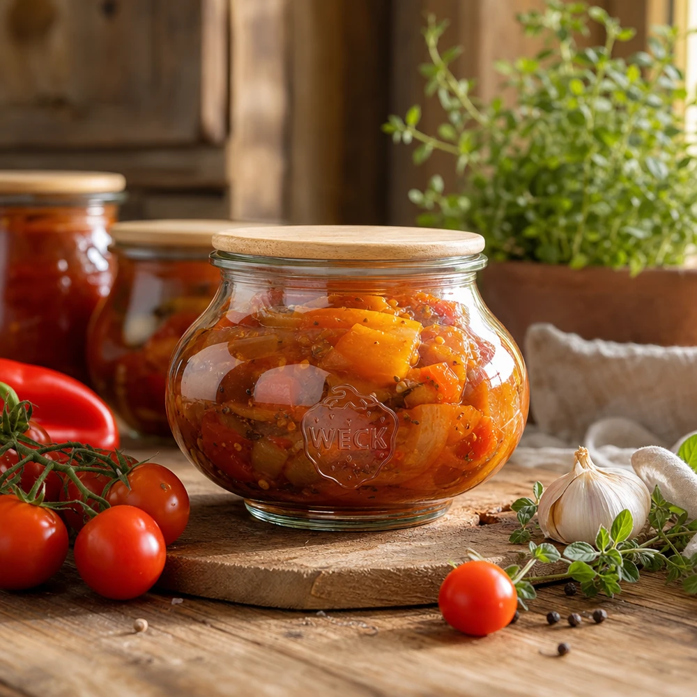 560 ml smykkekrukke WECK RR80 med trælåg WECK opbevaringskrukke 560 ml med trælåg fyldt med tomatpålæg i et rustikt køkken med friske ingredienser