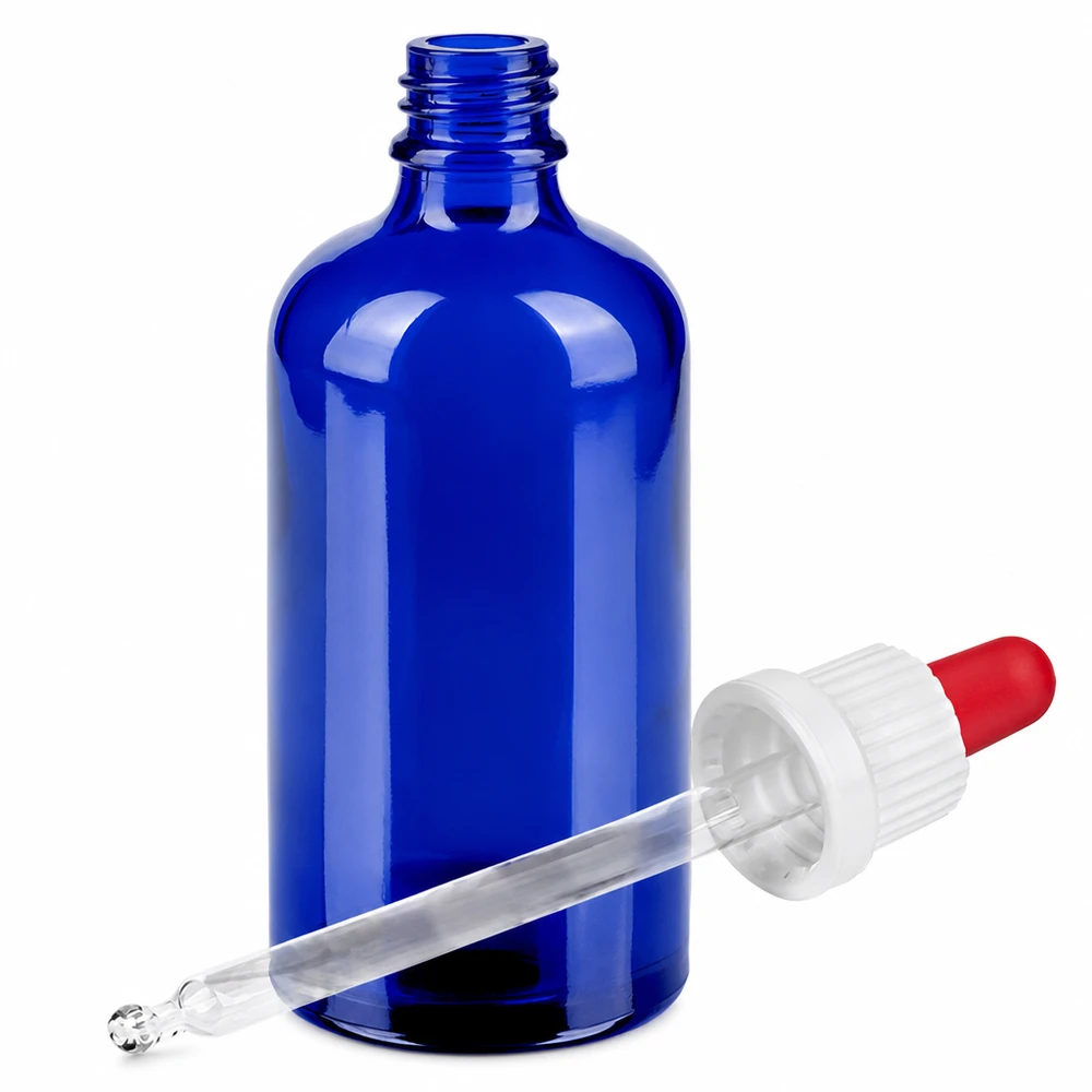 100 ml glasflaske blå med pipette til laboratorium og apotek - præcis væskeudtagning