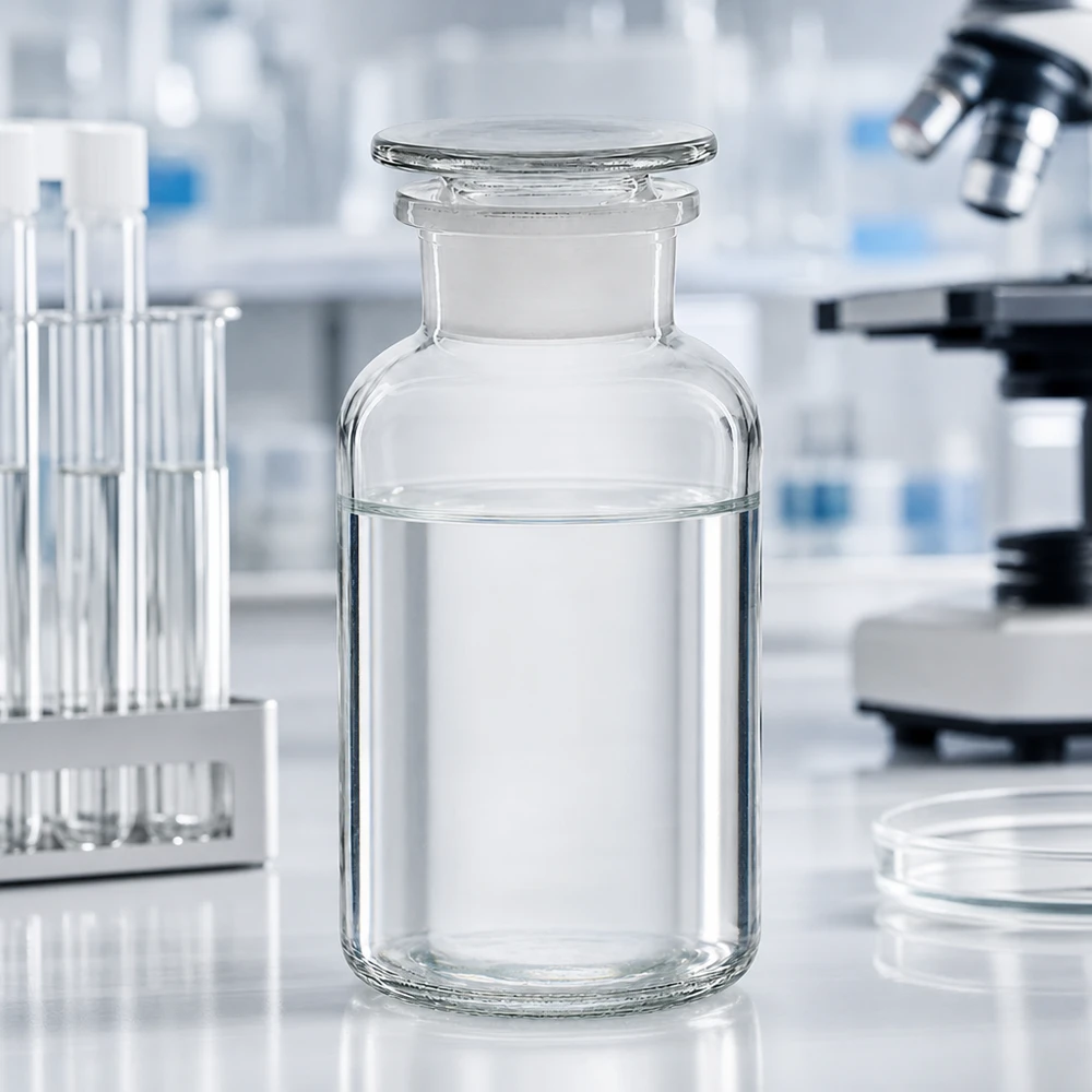 Rund skulderflaske 500 ml klar glasprop med bred hals Apotekerflaske, 500 ml, bredhalset, gennemsigtig, med glasprop på et hvidt laboratoriebord