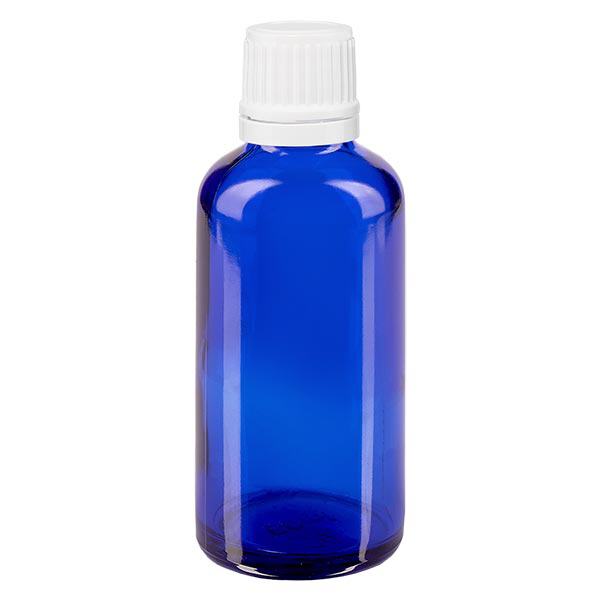 Apoteksflaske blå 50 ml skruelåg hvid OV Apoteksflaske blå 50 ml skruelåg hvid OV