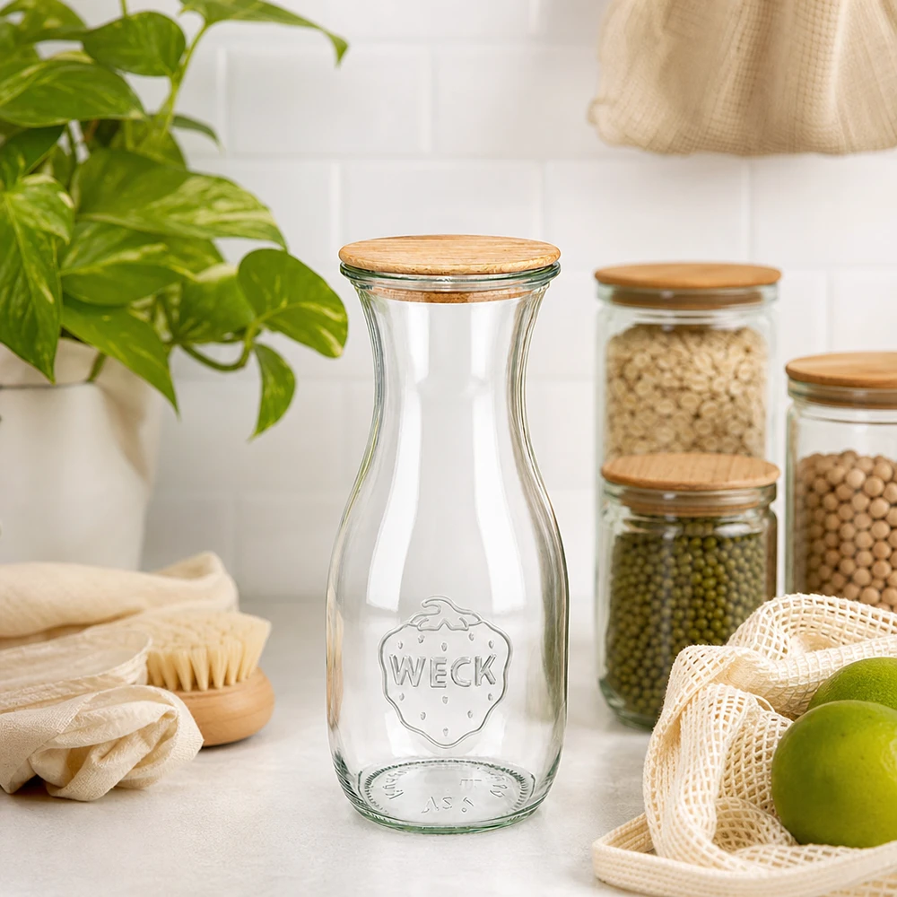 530 ml juiceflaske WECK RR60 med trælåg WECK juiceflaske 530 ml RR60 med trælåg i bæredygtigt nulspildskøkken ved siden af økologiske produkter og planter