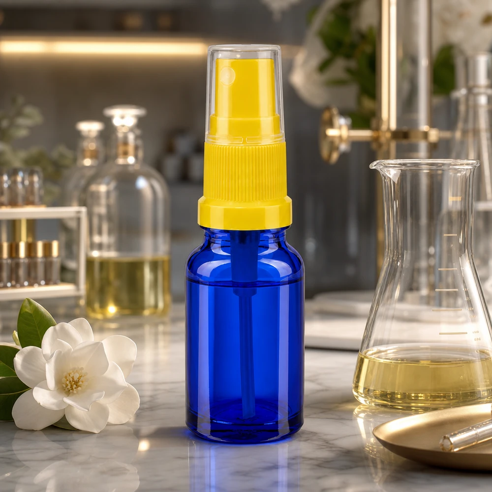 10 ml sprayflaske gul/tr. STD BlueLine UT18/10 Kompakt 10 ml sprayflaske af højkvalitetsglas med gult sprayhoved BlueLine UT18 10-serien