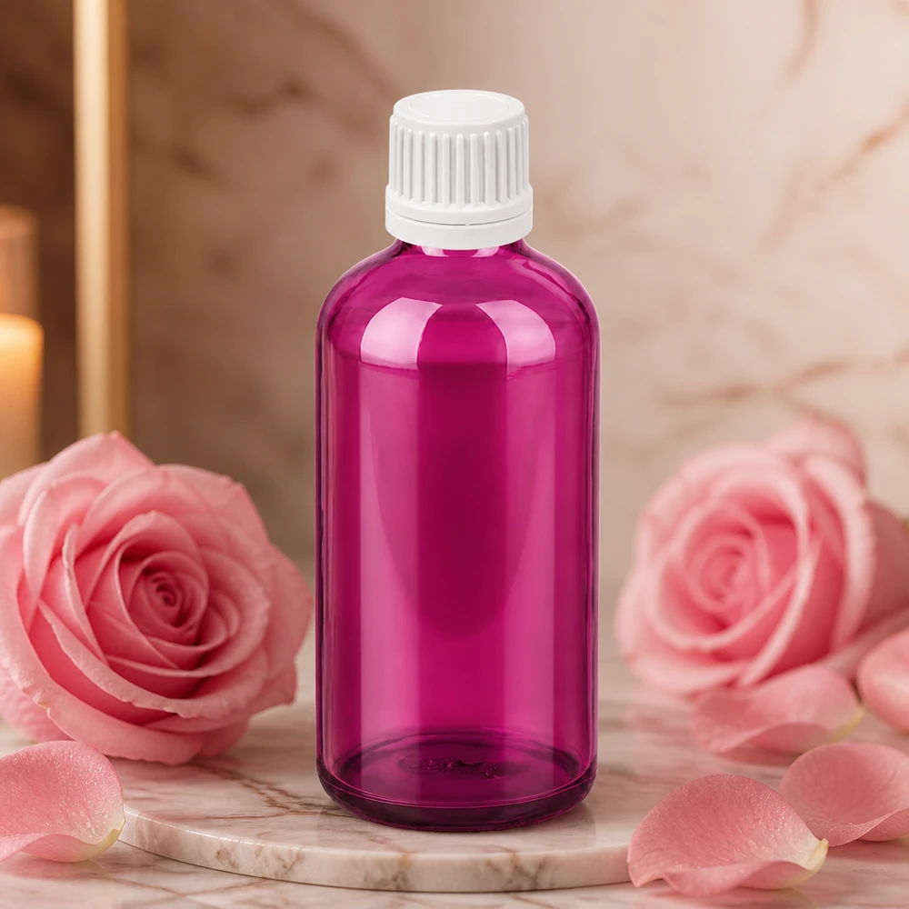 100 ml flaske 11 mm skruelåg hvid Originality skruelåg PurpleLine UT18/100 100 ml dråbeflaske i lilla med børnesikret hætte til præcis dosering af olier og essenser