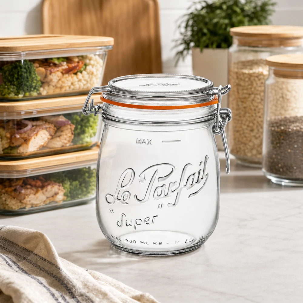 750 ml Le Parfait Super opbevaringskrukke med svingtop i et moderne køkken sammen med andre opbevaringsbeholdere