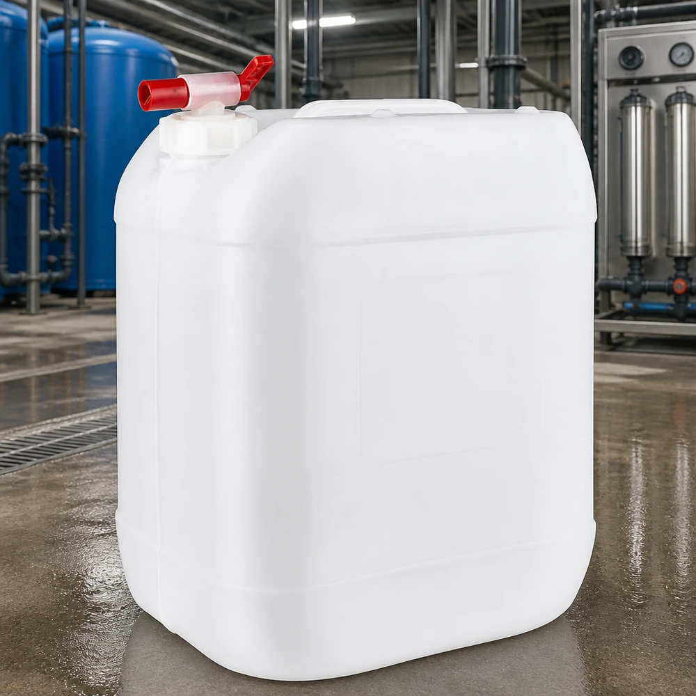 Tom hvid dunk på 20 liter med rødt udløbshan foran et industrielt vandrensningsanlæg