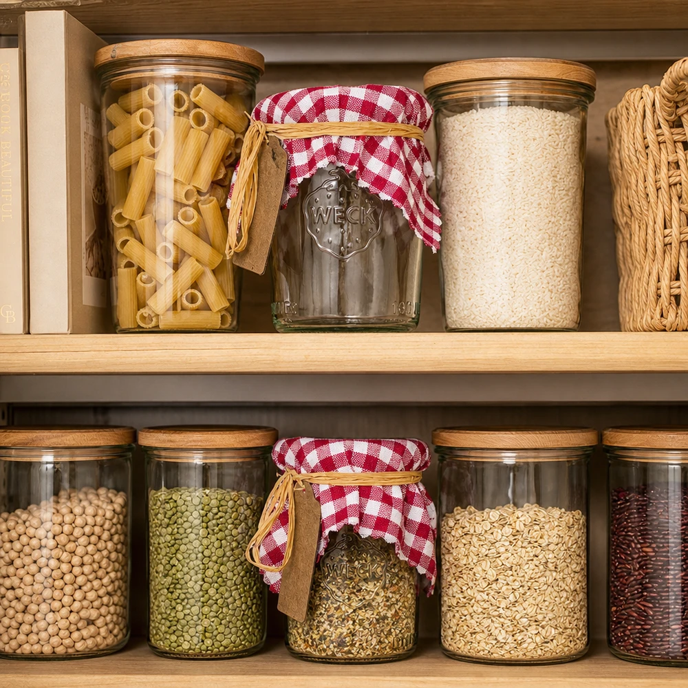 Stofdækkeserviet ternet hvid/bordeaux 150x150mm firkantet Opbevaringsglas med bordeaux ternede stoflåg i Pantry - stilfuld opbevaring af pasta, ris og bælgfrugter