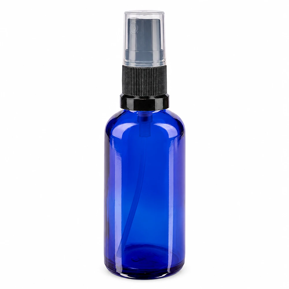 Apotekerflaske blå 50 ml spraytilbehør sort 50 ml blå glassprayflaske med sort forstøver og gennemsigtigt beskyttelseslåg