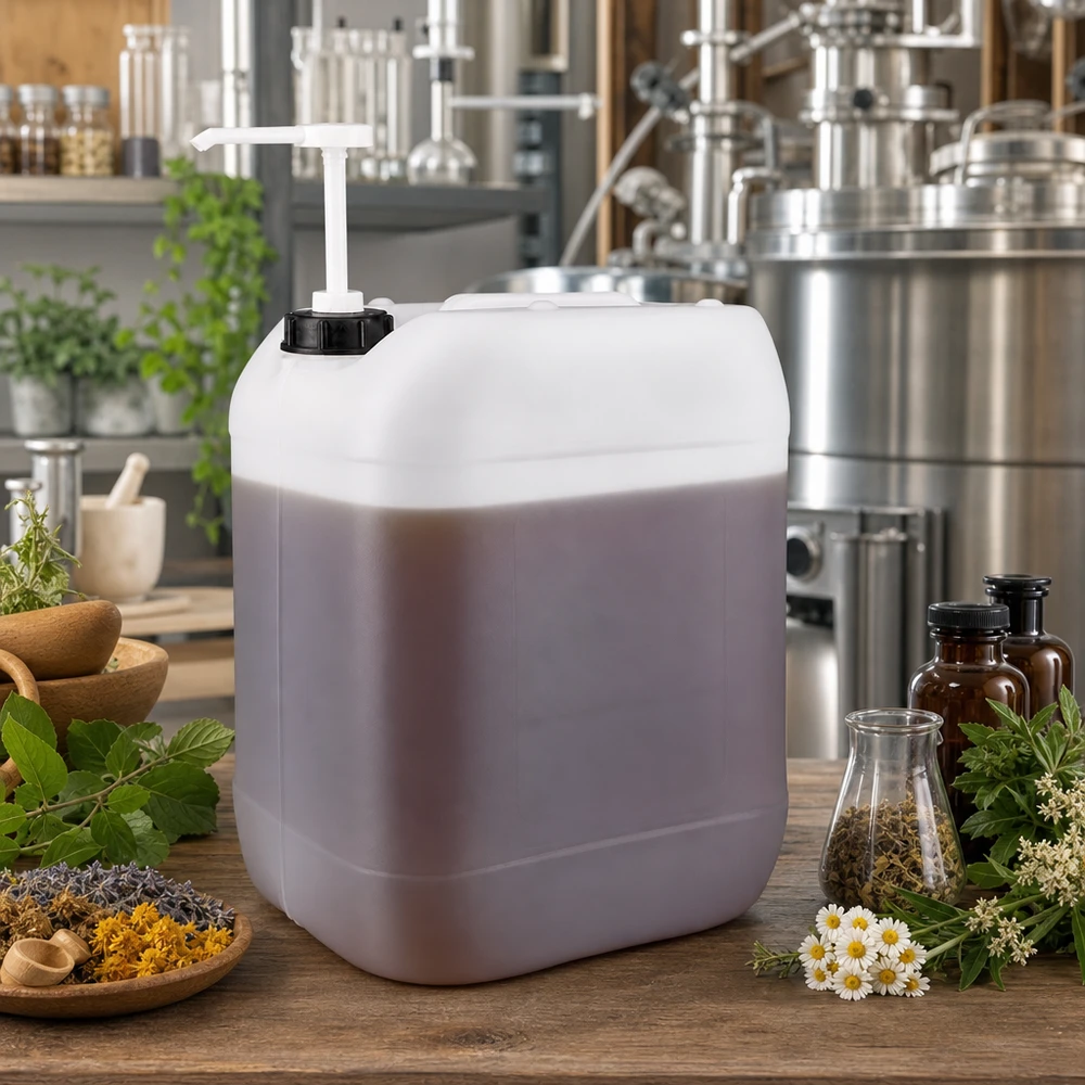 Beholder 20 liter med doseringspumpe Lysviolet 20-liters dunk med hvid doseringspumpe omgivet af lægeurter og tørrede blomster