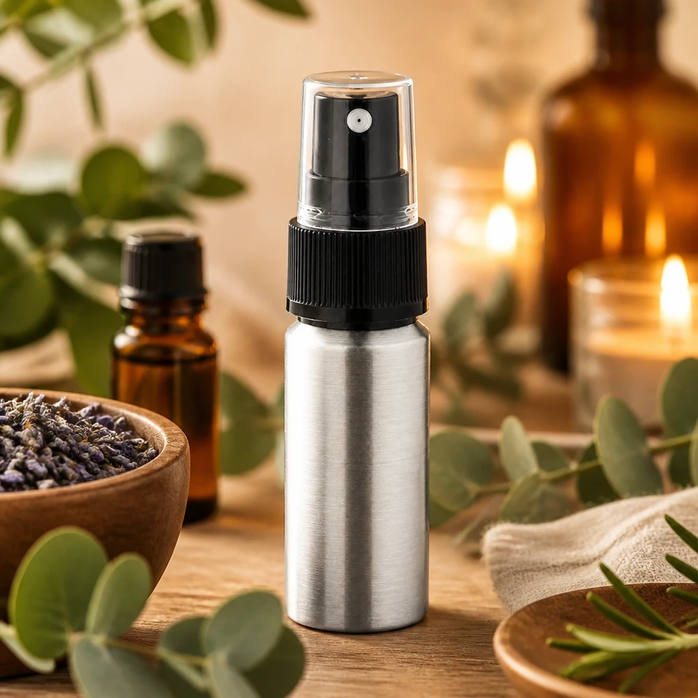 20 ml flaske i poleret aluminium med forstøver Elegant 20 ml aluminiumsflaske med mat finish og præcis forstøver til æteriske olier