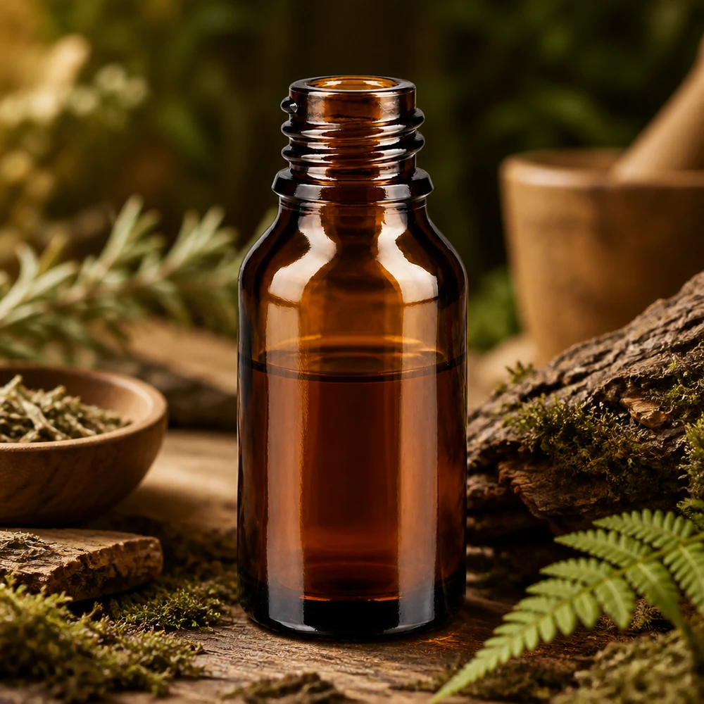 Dropperflaske 15 ml DIN 18 ravfarvet glas 15 ml brun glasflaske ApoGlas i naturligt skovlandskab med mosbregne og rustikt træ til naturopati