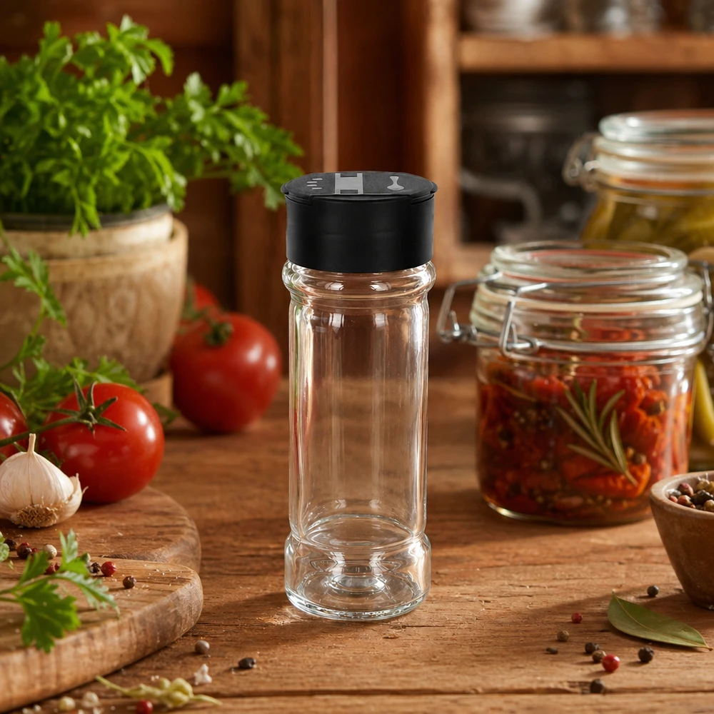 Salt-/krydderikrukke 100 ml med dobbelt strøer, sort Gennemsigtig saltbeholder af glas, 100 ml, med sort strøhoved på et rustikt træbord
