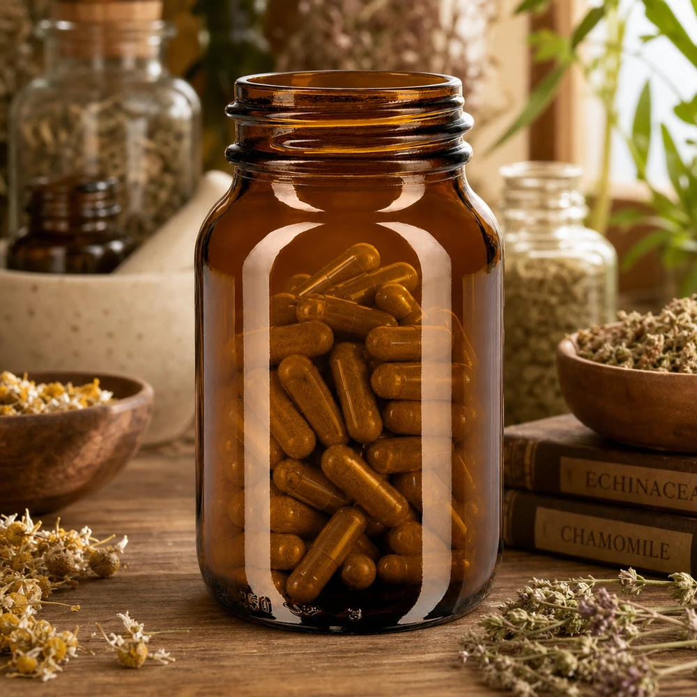 250 ml flaske med bred hals, ravfarvet glas Robust 250 ml bredhalset flaske af ravfarvet glas til sikker opbevaring af kosttilskud