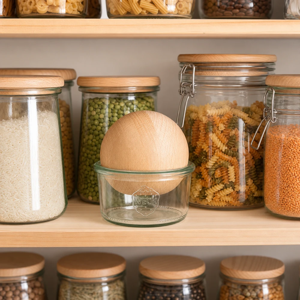 165 ml Briller WECK RR80 med trækugle bøg WECK Sturzglas 165ml RR80 mit Buchenkugel im organisierten Vorratsschrank zwischen luftdichten Aufbewahrungsgläsern