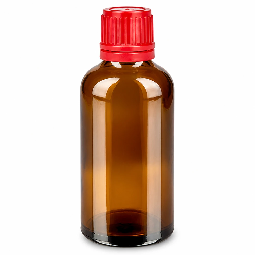 50 ml flaske 11 mm SV rød OV BrownLine UT18/50 50 ml ravfarvet glasflaske med rødt låg til sikker opbevaring af væsker