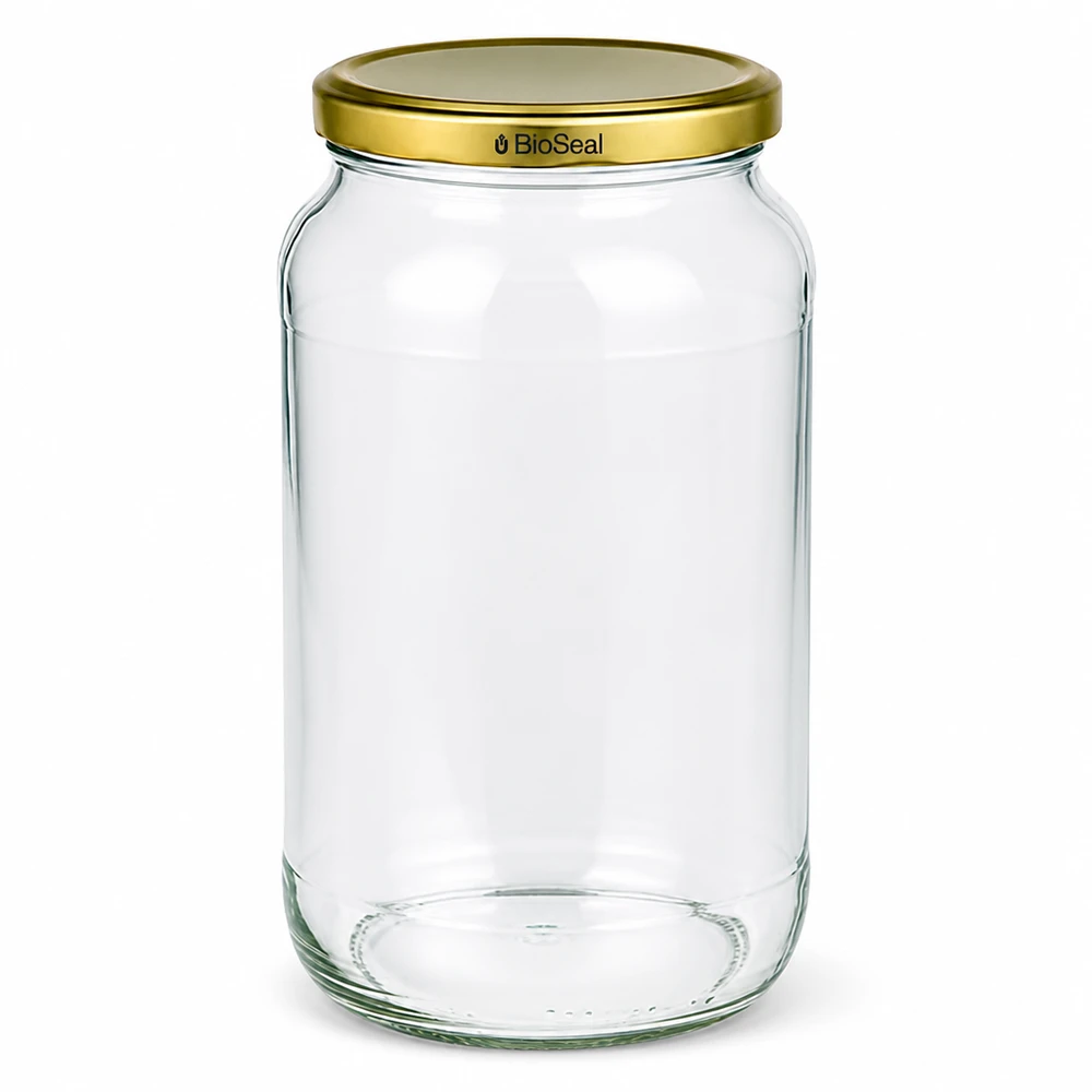 UNiTWIST Runda1062 med guld. Dæksel TO82 BioSeal UNiTWIST Runda1062 konservesglas med gyldent TO82 BioSeal-låg gennemsigtigt tomt opbevaringsglas